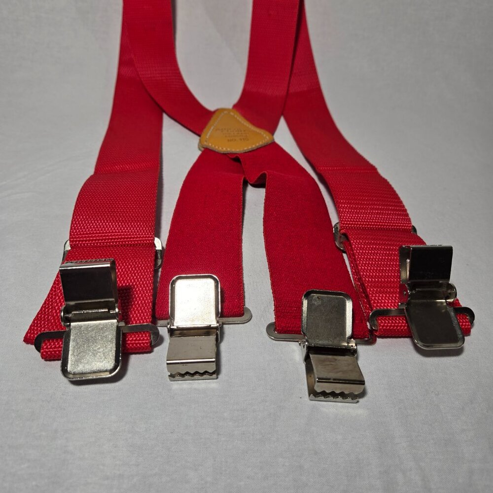 USA Vintage 70's Red CANVAS Straps TOP-GRAIN Leather CLIPS 46" X 2" Suspenders. - Picture 10 of 17